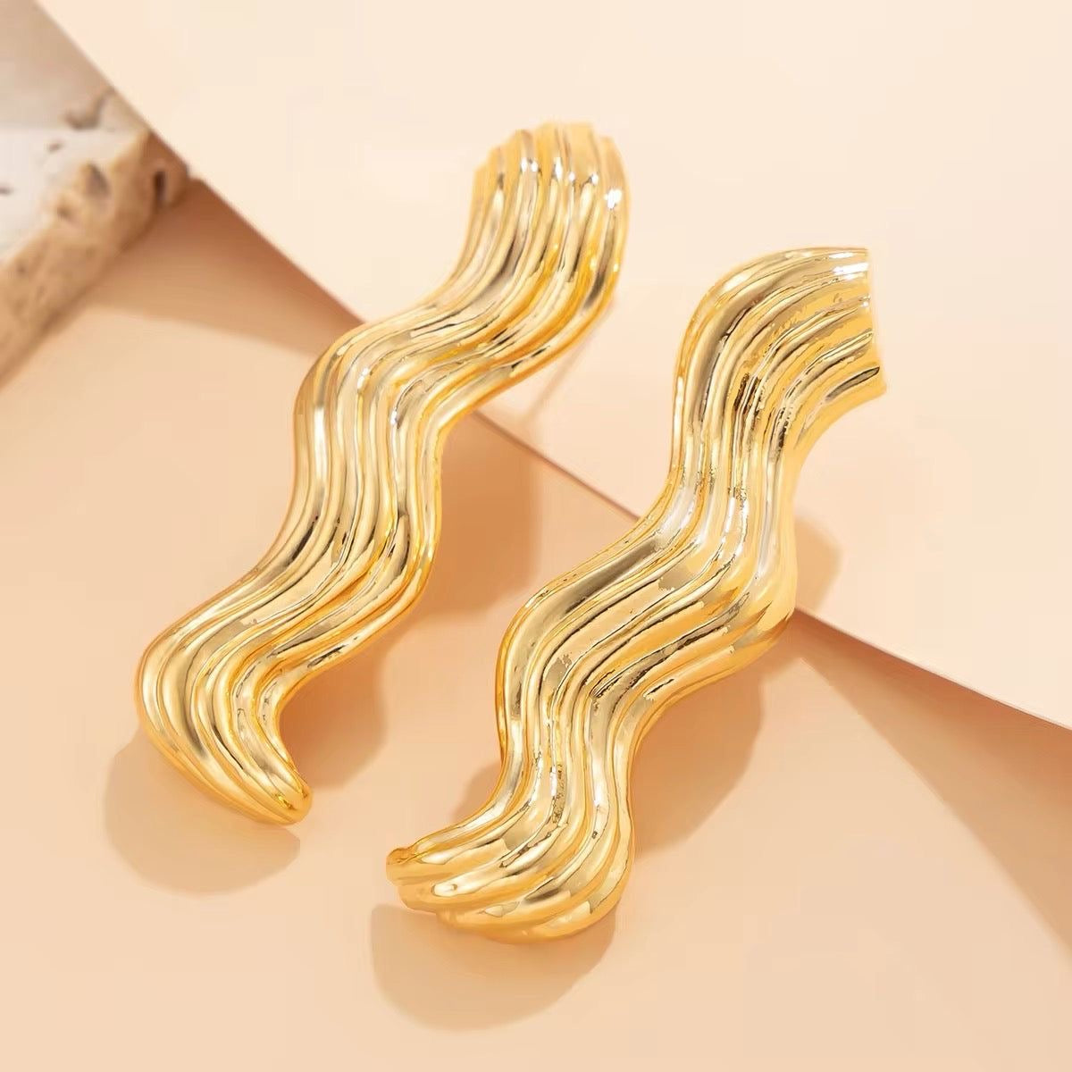 Simple Design Sea Wave Metal Drop Earrings- Gold