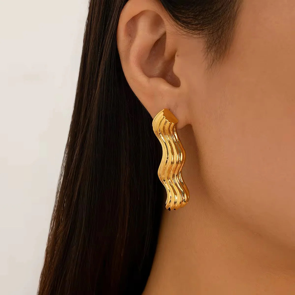 Simple Design Sea Wave Metal Drop Earrings- Gold