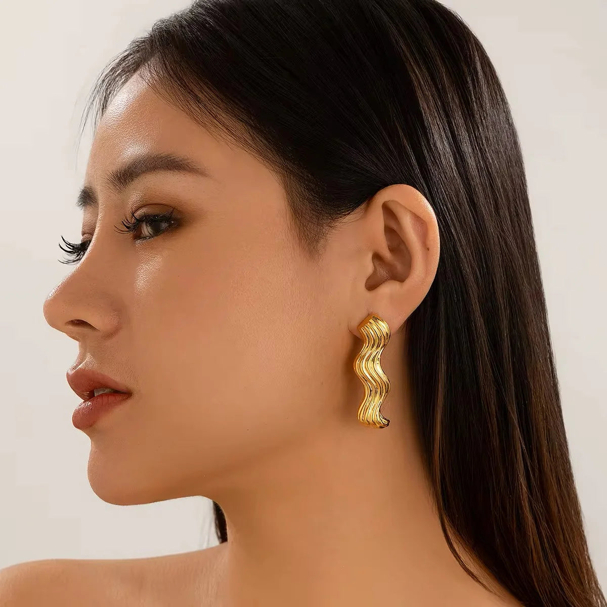 Simple Design Sea Wave Metal Drop Earrings- Gold