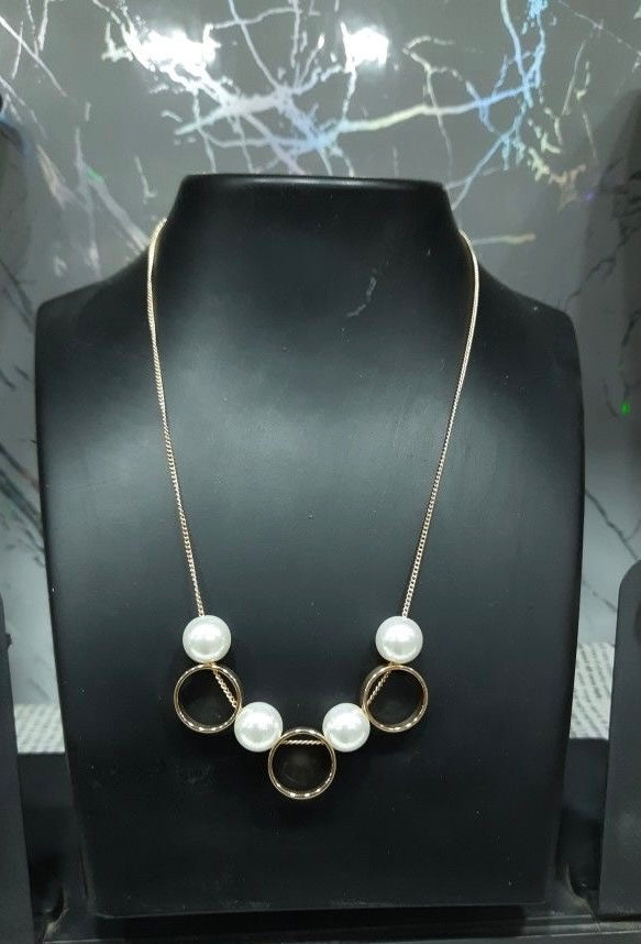 Gold Tone Circle Chain with White Round Pearl Necklace Hypoallergenic